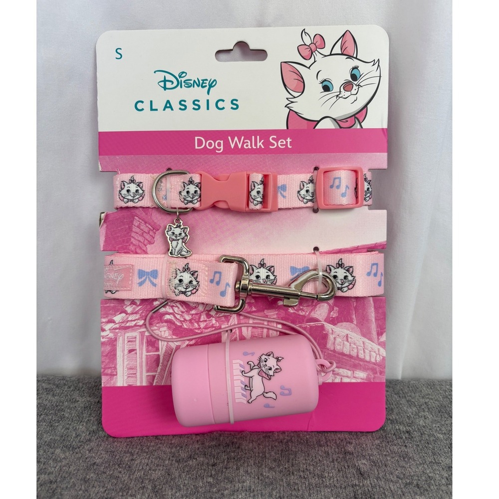 Disney Aristocats Dog Walk Set Pink Collar Leash Waste Bag Dispenser S New